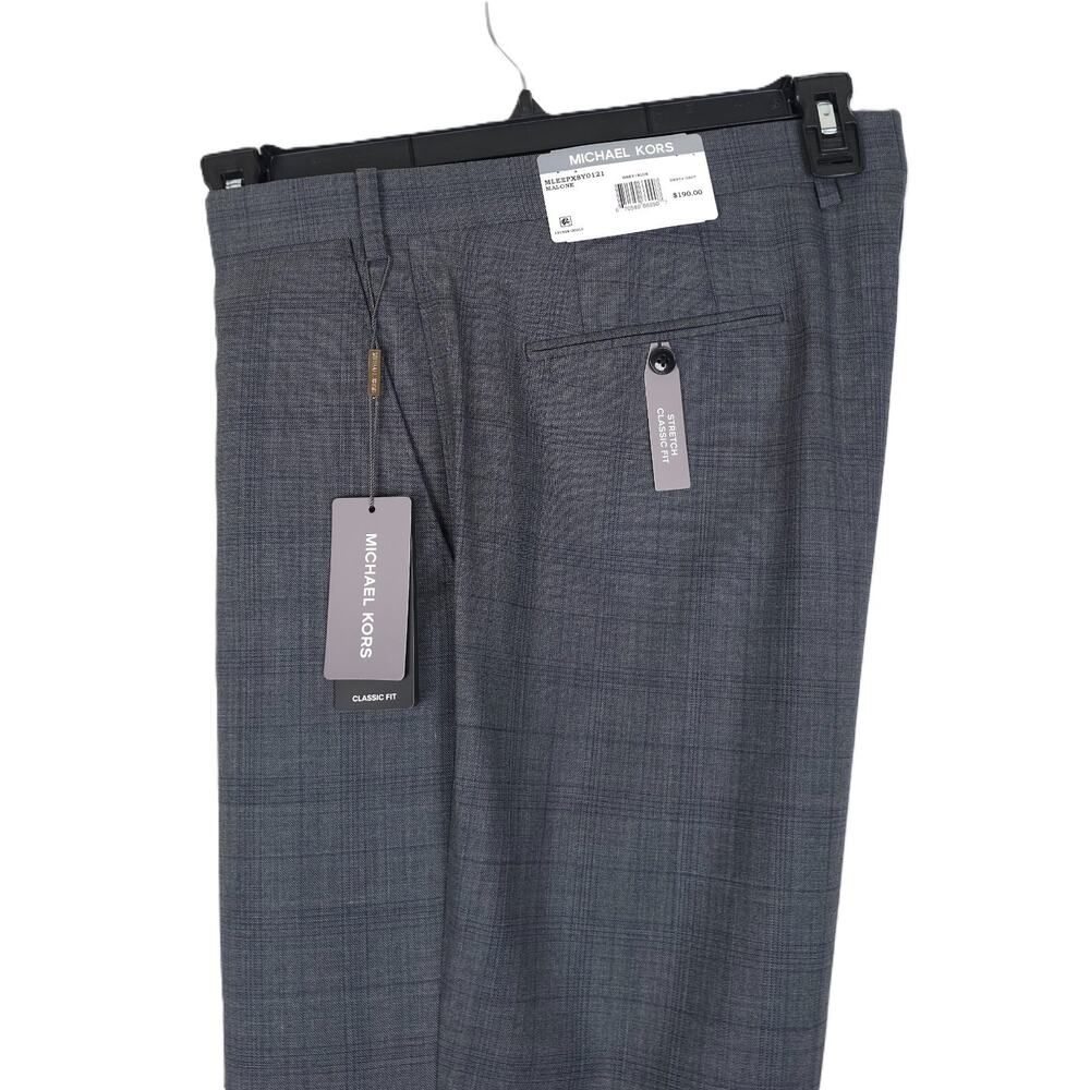 Michael Kors Mens Classic Fit Dress Pants 30x32 Grey Blue Plaid Stretch Wool NWT